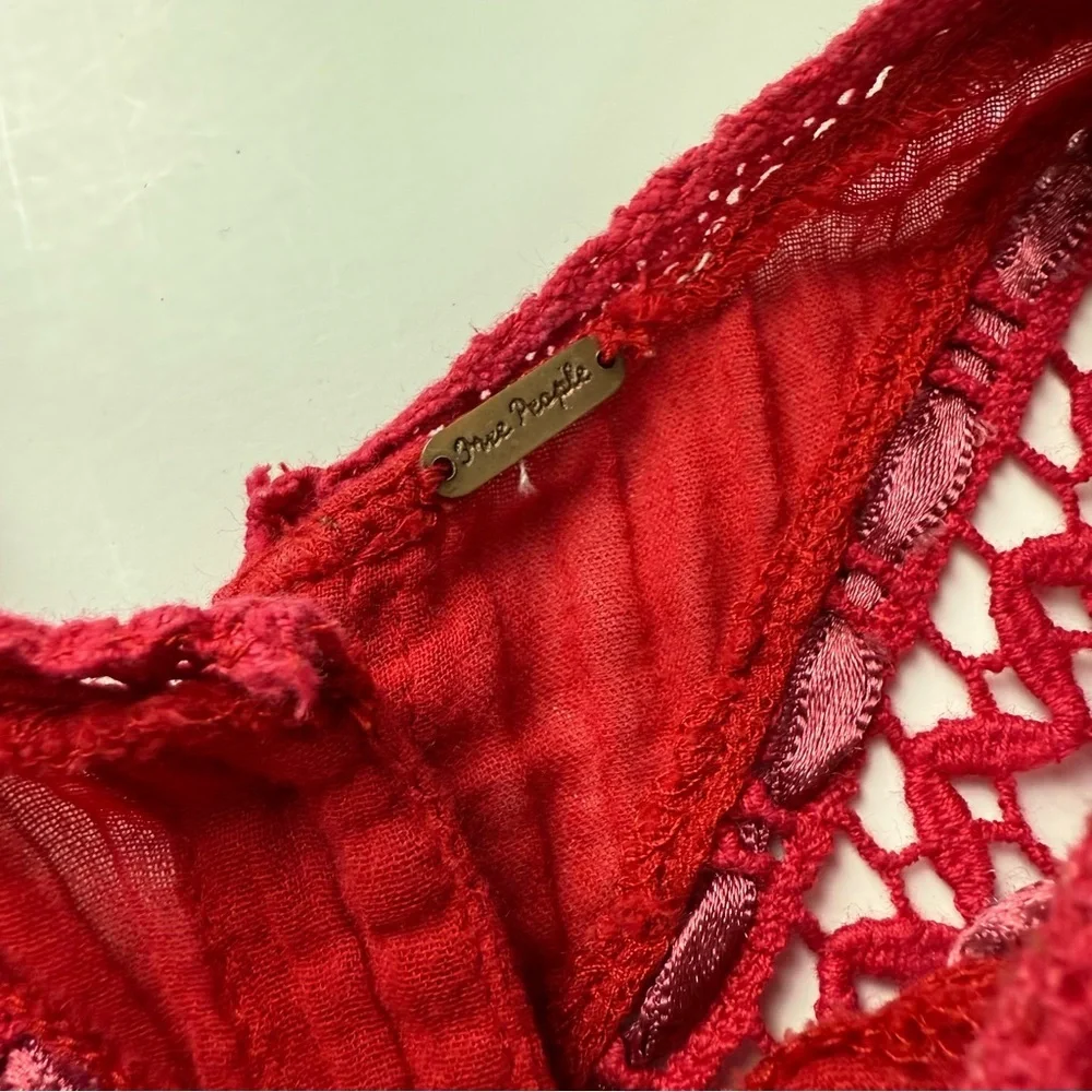 Free People Abigail Top Womens Size XS Red Eyelet Victorian Shirt Back Button